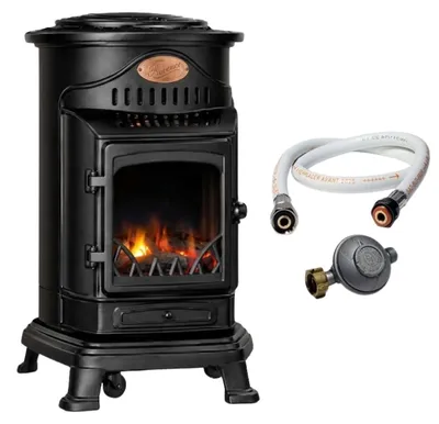 Image de Poêle à gaz 3,4KW NOIR Fonte Véritable Effet feu de bois + Tuyau gaz + Détendeur butane Provence Sahara