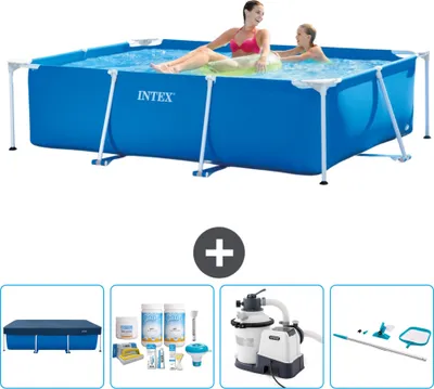 Produktbild von Intex-Schwimmbecken mit rechteckigem Rahmen – 220 x 150 x 60 cm – Blau – im Lieferumfang enthalten Abdeckung - Wartungspaket - Filterpumpe für Schwimmbad - Reinigungskit