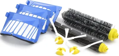 A set of replacement parts for an iRobot Roomba vacuum cleaner, including filters and brushes, laid out on a white background.