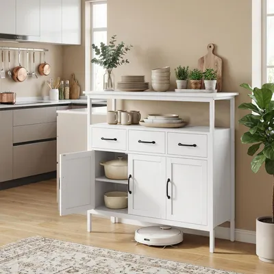 Produktbild von Sideboard mit 3 Schubladen und 3 Türen, Buffetschrank verstellbare Einlegeböden, Anrichte Spanplatte, Weiß | 95 x 35 x 88 cm | 27,2 kg