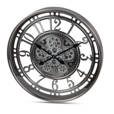 Produktbild von Moderne Wanduhr mit Beweglichen Zahnrädern - 54cm, Silber-Schwarz, Metall
