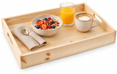 Produktbild von Serviertablett aus Holz 60x40x8cm Holztablett Frühstückstablett Dekotablett Betttablett Natur, KI-generiertes Bild