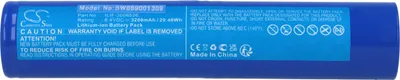 A blue battery pack with text and logos printed on it.