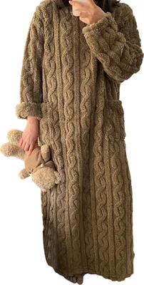 Produktbild von Damen Winternachthemd Dicker Korallenfleece mit Taschen Rundhalsausschnitt Homewear Robe Lose Langarm Warm halten Ganzkörper-Nachtwäsche