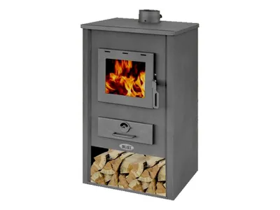 A freestanding wood-burning stove with a glass door showing flames, a drawer below, and a storage compartment for firewood at the base.