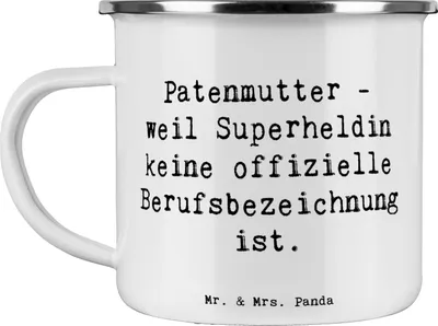 Produktbild von Mr. & Mrs. Panda becher emaille Spruch Patenmutter Superheldin - Weiß - Geschenk, Teebecher, Teetasse, Jubiläen, herzerwärmende Sprüche, Geschenke für Paten, Lebensfreude
