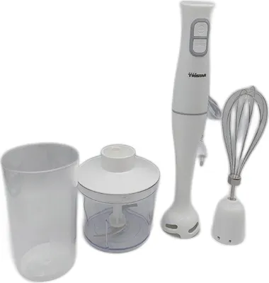 A white Tristar hand blender set with accessories on a white background.