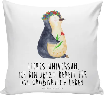 Produktbild von Mr. & Mrs. Panda Kissen 40x40 Pinguin Blumen - Weiß - Geschenk, Liebeskummer, Positiv, Dekokissen, bedruckt, Zierkissen, Deko, Leben, Sofa