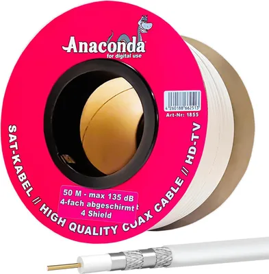 Produktbild von hb-digital 50m Koaxialkabel Anaconda Außen Durchmesser 7mm 135dB 4-Fach geschirmt Stahl Kupfer weiß
