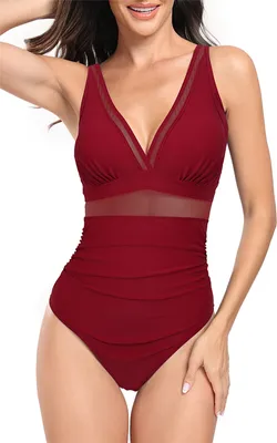 Produktbild von ASKSA Damen Badeanzug Push Up V Ausschnitt y Einteilige Badebekleidung Bademode Swimsuit, Weinrot, Groesse: M