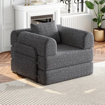 Image de OKWISH Canapé-Lit Convertible 2 en 1 avec Rangement dans Accoudoir - Modulable, Chenille Gris, Cadre Métallique