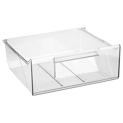 A clear, studio shot of a transparent plastic refrigerator drawer with internal dividers.