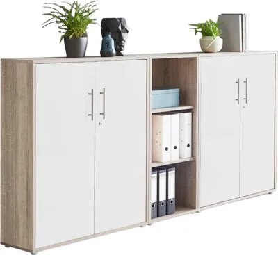 Produktbild von Aktenschrank TABOR 8 in Eiche Sonoma / weiß matt, Schrankwand, Büroschrank, abschließbar, Metallgriffe