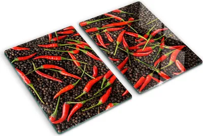 Produktbild von Tulup Glas Herdabdeckplatte - 2x40x52 cm - Glaskeramikkochfeld-Abdeckung Spritzschutz Glasabdeckplatte Kochplattenabdeckung und Schneidebrett - Zweiteilig - Essen & Getränke - Chilischoten - Rot