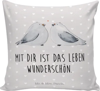 Produktbild von Mr. & Mrs. Panda kuschelkissen 40x40 Turteltauben Liebe - Grau Pastell - Geschenk, Hochzeitstag, Sofa Kissen, Freundin, Polster, Deko, Sofakissen, Verheiratet, Kuschel