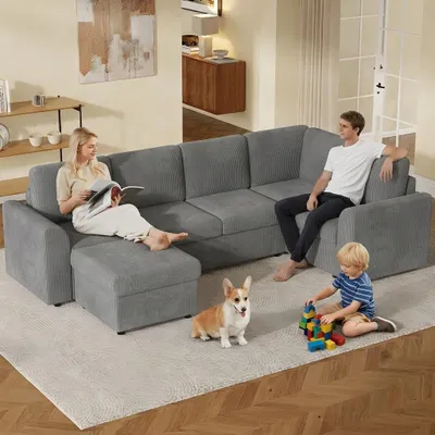 Immagine prodotto di Merax, divano ad angolo a forma di U a 4 posti con 2 pouf contenitori, divano letto modulare, divano in ciniglia, divano per soggiorno e camera degli ospiti, grigio