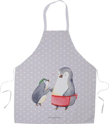 Produktbild von Mr. & Mrs. Panda Küchenschürze Pinguin mit Kind - Grau Pastell - Geschenk, Mama, Muttertag, Kellnerschürze, Schürze, Küchenzubehör, Vorbild, Grillschürze, Kochschürze