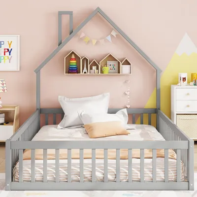 Produktbild von okwish Kinderbett 140x190 Bettgestell ohne Matratze mit Lattenrost,Flachbett mit Schornsteindesign und Sicherheitsgitter,aus Kiefernholz,Grau