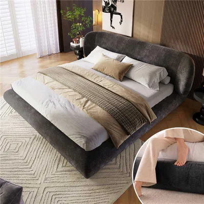 Immagine prodotto di Letto imbottito Flieks, 180x200 cm, con testiera, letto matrimoniale per ragazzi con rete a doghe, letto classico in legno con rivestimento in chenille, grigio