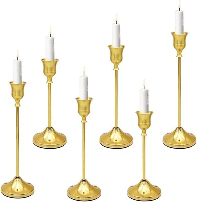 Produktbild von PolkaHome® 6er Set Kerzenhalter Gold Metall Stabkerzenhalter Vintage Tischdeko 16/19/23 cm