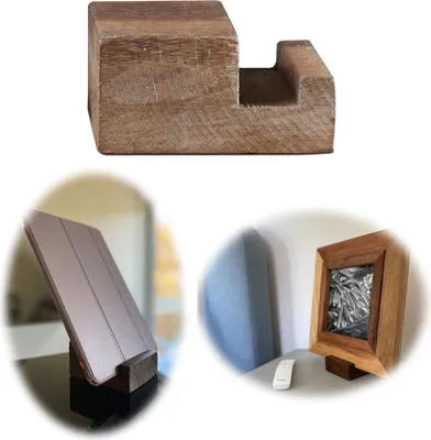 A collage of images showing a wooden stand for books or tablets, and examples of its use.