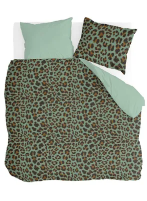 A top-down view of a leopard print duvet cover and pillow on a white surface.