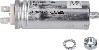 A silver capacitor with electrical connectors and a threaded bolt, along with a washer and nut, are displayed against a white background.