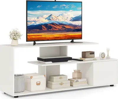 Obrázek produktu pro COSTWAY tv skříňky do 55 palců, asymetrický tříúrovňový konzolový stolek s policemi a skříňkou, domácí zábavní centrum bílé barvy