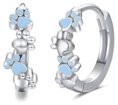 Image de Boucles d'oreilles en argent sterling 925 - Créoles pour enfants - Hypoallergéniques - Motifs de pattes d'animaux - Bijoux pour femmes - Cadeau pour filles