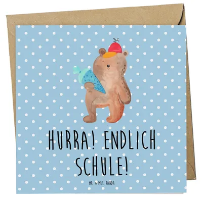 Produktbild von Mr. & Mrs. Panda Glückwunschkarte Bär Schultüte - Blau Pastell - Geschenk, anlasskarte, Teddy, faltkarte, Schulanfang, Grußkarte, doppelkarte, Grundschule, Klappkarte