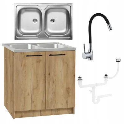 Produktbild von Stamar | Küchenschrank, mit Spüle 2 Kammern,  Eiche Gold, 80 cm, Flexible schwarze Armatur, Siphon