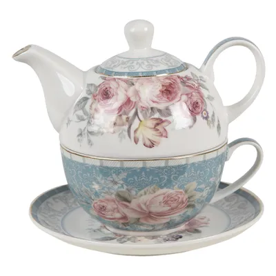 Produktbild von Clayre & Eef Tea for One 400 ml Blau Weiß Porzellan Blumen