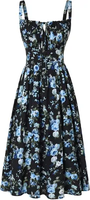 Productafbeelding van Dames zomerjurk met bloemenprint, spaghettibandjes en zakken, lange strandjurk in Victoriaanse stijl