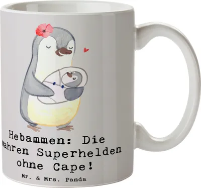 Produktbild von Mr. & Mrs. Panda Becher Hebamme Superheld - Grau Pastell - Geschenk, Mutter, Nachsorge, Kaffeebecher, Tasse, Berufsalltag, schöne, handgefertigte Geschenke, Geburtshilfe