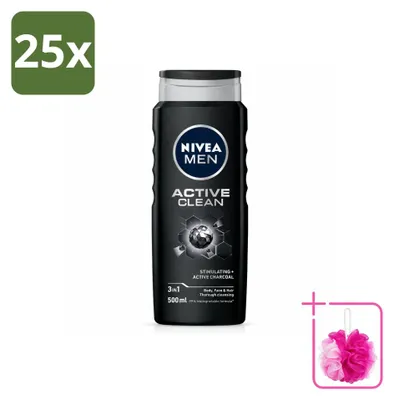 Immagine prodotto di 25 confezioni di gel doccia NIVEA MEN Active Clean 3-in-1, 500 ml per confezione - Confezione risparmio - 25 pezzi