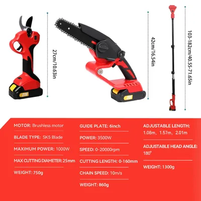 Produktbild von 3-in-1 Gartenschneidwerkzeug - Akku-Teleskopstange - Bürstenloser Motor - Elektrische Gartenschere 25 mm - Kettensäge 15 cm - 2 Akkus - 20.000 U/min