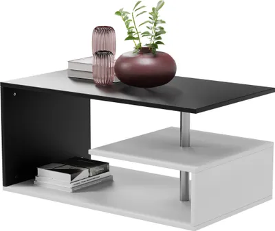 Zdjęcie produktu dla MIADOMODO® Stolik kawowy - 90x50 cm, z miejscem do przechowywania, nowoczesny, kanciasty, asymetryczny, lekki, długi, niski, biały i ciemnoszary - stolik do salonu, stolik kawowy