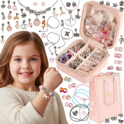Produktbild von DIY Schmuckset für Kinder – Charm-Armbänder & Halsketten zum Selbermachen – Mit Schmuckschatulle & Geschenktasche