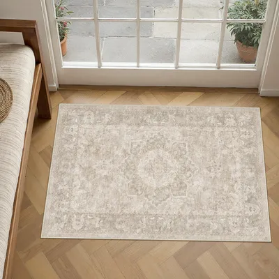 Vintage Teppich 60x90 cm Beige, Antirutsch, maschinenwaschbar