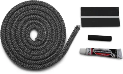 A coiled gray rope, a black rectangular object, a black cylindrical object, and a tube of adhesive are arranged on a white background.