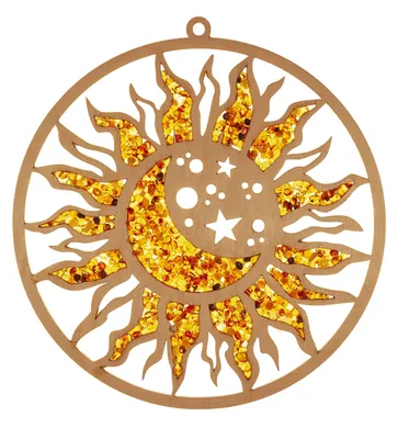 Suncatcher groß, Bernstein in Birkenholz, Sonne & Mond, Ø 20 cm