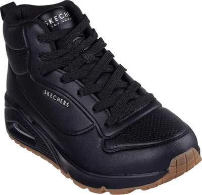 A black Skechers high-top sneaker with a brown sole.