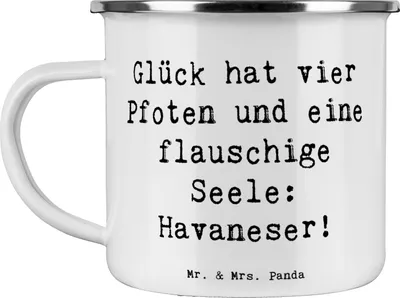 Produktbild von Mr. & Mrs. Panda Emaille Becher Spruch Havaneser Glück - Weiß - Geschenk, Teetasse, Hunderassen Beschreibung, treue Freunde, Vielfalt, Pott, Tasse, Hundeliebhaber, Spiel