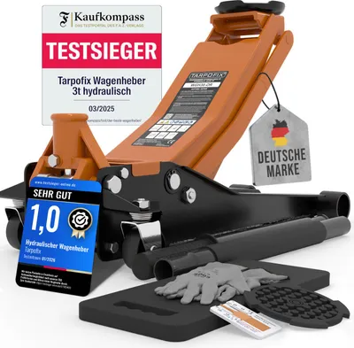 Produktbild von Tarpofix Wagenheber 3T hydraulisch – Rangierwagenheber flach für Auto & SUV, Hubhöhe 85 - 475 mm, inkl. Gummiauflage & Handschuhe