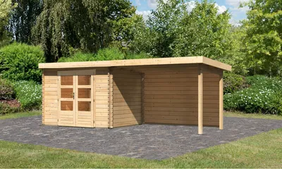 Produktbild von Gartenhaus Blockbohlenhaus Gerätehaus Bastrup 3 im Set mit Anbaudach 3 m breit, 28 mm Rückwand naturbelassen 579x237x217 cm