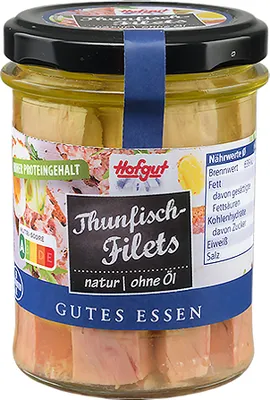 Produktbild von Hofgut Thunfisch Filet natur ohne Öl im Glas hoher Proteingehalt 200g