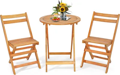 Produktbild von GOPLUS 3tlg. Bistroset, Ø60cm Bistrotisch mit 2 Stühle klappbar , Balkonmöbel Akazienholz, Sitzgruppe für Balkon, Hof, Garten & Terrasse