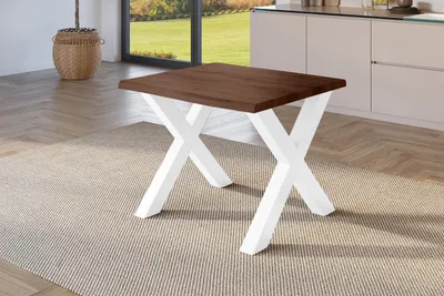 Produktbild von Esstisch Baumkante Holz-Optik Nussbaum 80 x 80 X-Gestell weiß JULIUS