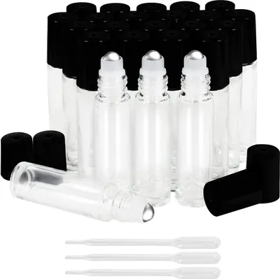Produktbild von Belle Vous Kleine Roll On Flasche Leer Glas mit 3 Pipetten (24er Pack) - 10ml Glasflaschen Set - Nachfüllbare Edelstahl Roll On Glasflaschen für