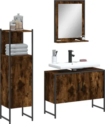 Produktbild von Design 3-tlg. Badmöbel-Set Räuchereiche Holzwerkstoff, Badezimmerschränke 2024 Neu